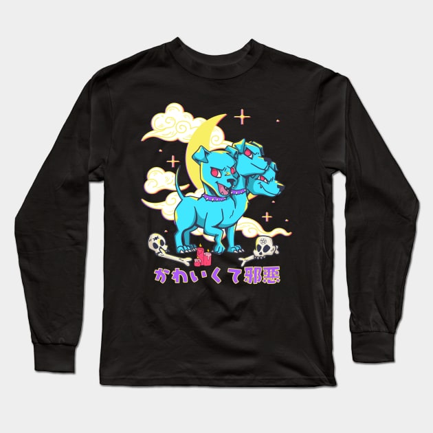 3 Headed Dog Kawaii Blue Cerberus Long Sleeve T-Shirt by Sugoi Otaku Gifts